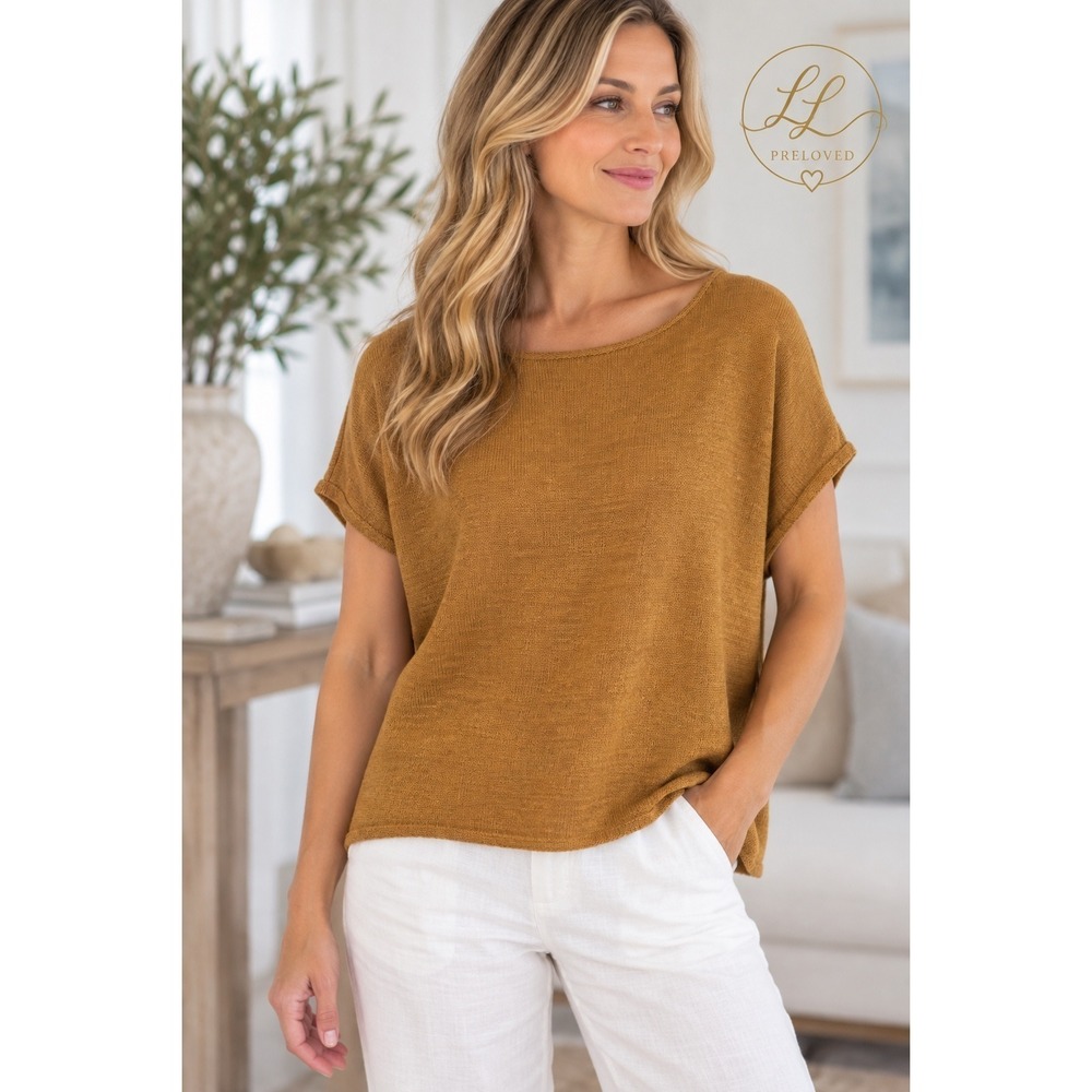 Eileen Fisher Top Womens Medium Mustard Yellow Hemp Cotton Blend Slub Knit Tee